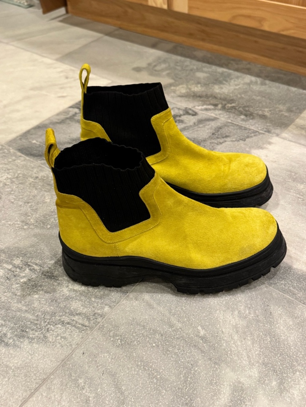 Staud Women Bow Chelsea Suede Lug Sole Boots Yellow Green size 41 US 10 - Picture 3 of 16